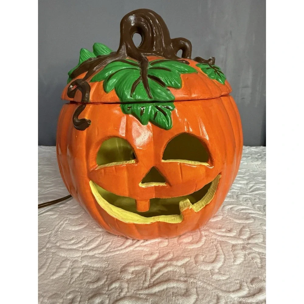 Vintage Lighted Ceramic Halloween PUMPKIN Carved Face Jack o Lantern 1980s